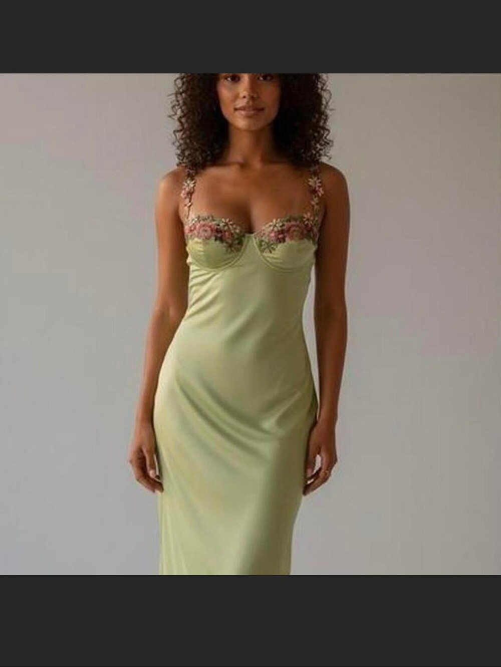Princess Polly Women's Satin Slip Maxi Dress with Floral Lace Trim - Sage